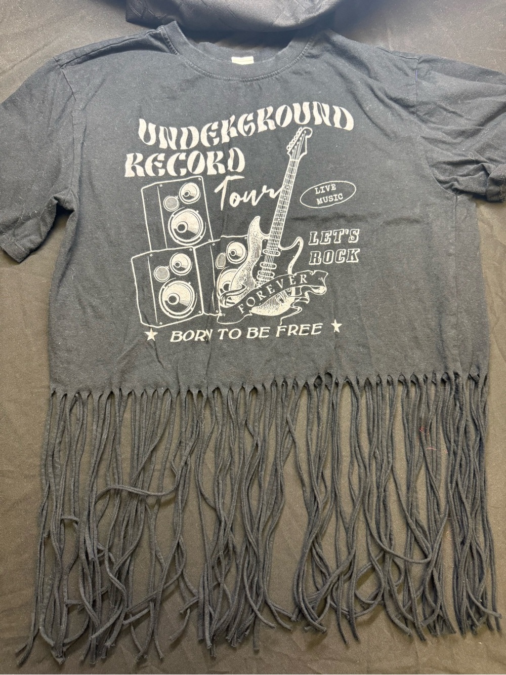 Vibe Black Graphic Fringe Tee with White Rock Print